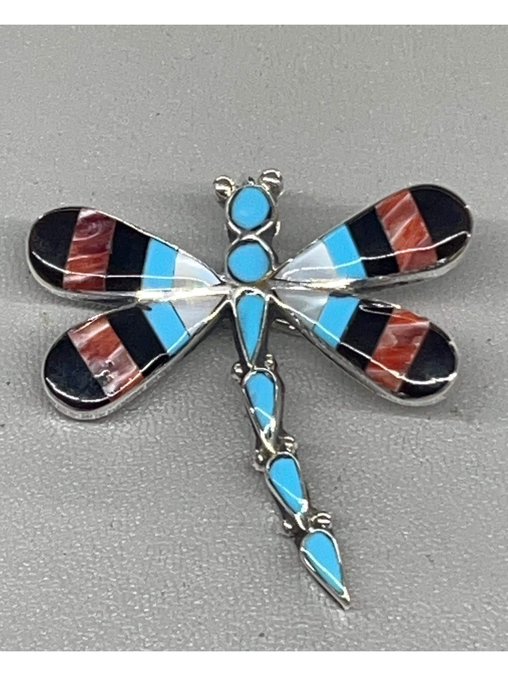 Zuni sterling silver turquoise spiny oyster onyx dragonfly pendant/ pin -Angus